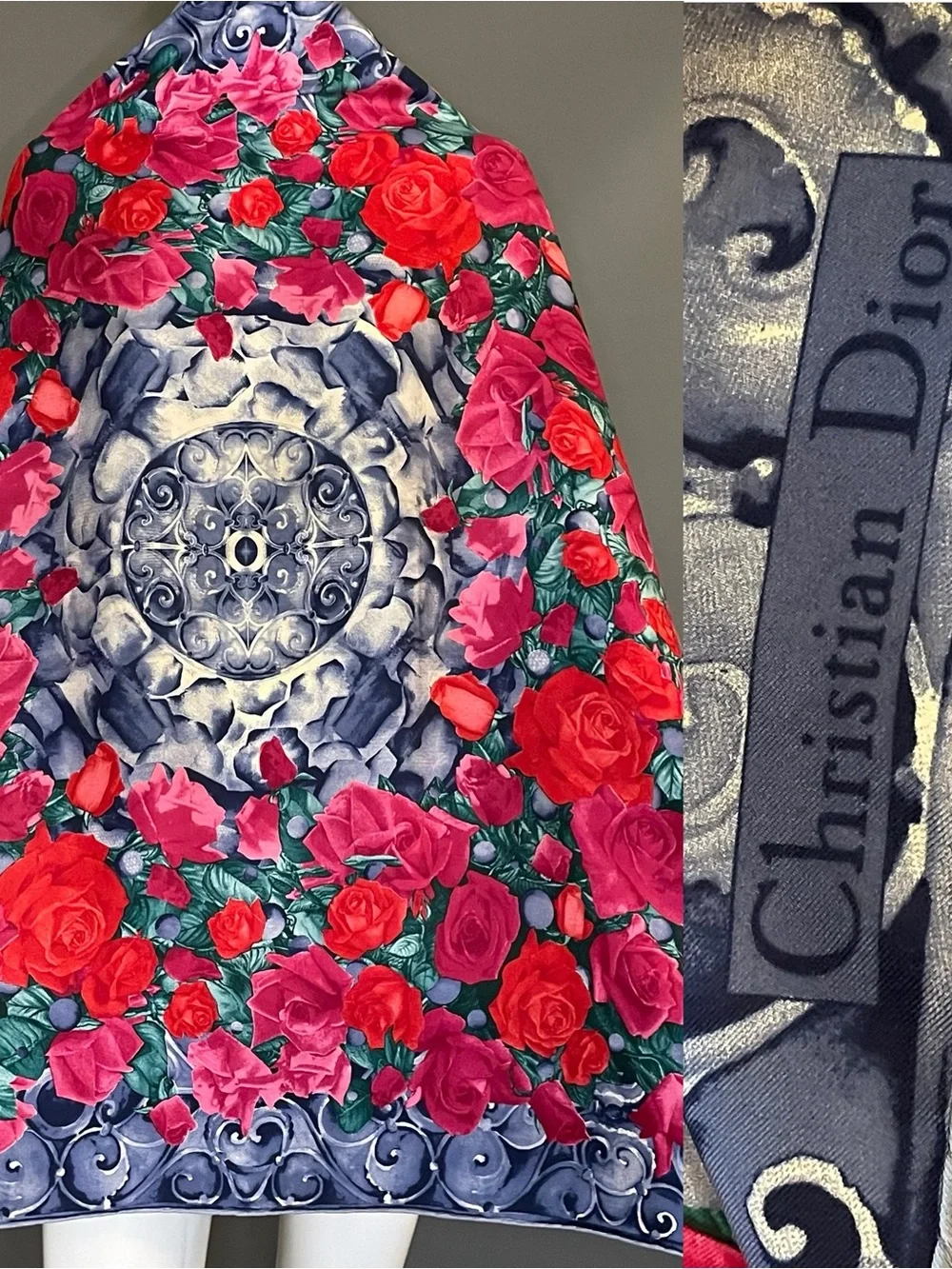 Stunner Christian Dior Silk Scarf Besutiful Red Rose Print 34 In Excellent Cond